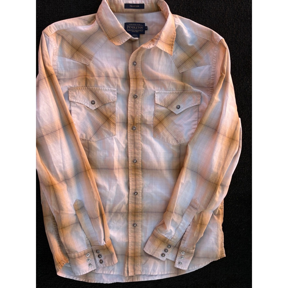 Pendleton Frontier Mens Medium Plaid Western Snap Shirt Tan Orange Pearl Snap